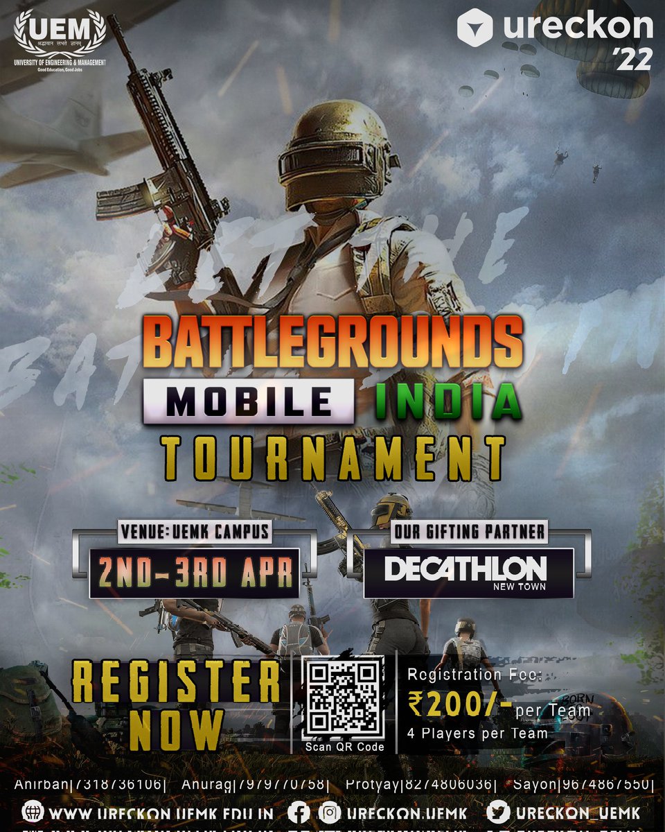 Ureckon_Uemk's tweet photo. Get ready to drop in for the ultimate face-off. University of Engineering and Management, Kolkata presents Battlegrounds Mobile India-BGMI at Ureckon 2022, organized on  2nd and 3rd April 2022.
Registration link: https://t.co/3X7spMReWt
Registration fees: 200/- https://t.co/RRVg46dxep