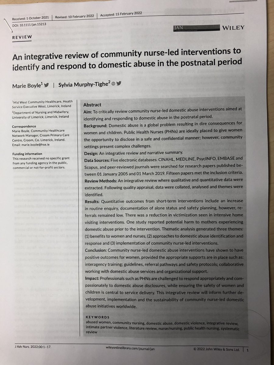 sylviamurphyt's tweet photo. Congratulations @mariedrakeboyle on your publication @jadvnursing on community nurse led interventions to identify &amp; respond to domestic abuse postnatally @SAFEIreland @Womens_Aid @Cliona_l @NWCI  @HSELive @HSEprimarycare @adaptservices @NursingMid_UL @brendamellett1 https://t.co/C1DeO5S9Wb