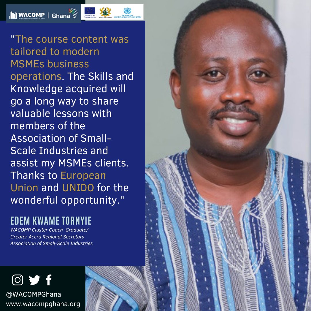 WACOMPGhana's tweet photo. π£οΈ"The course content was tailored to modern #MSMEs business operations. Skills & Knowledge acquired will go a long way to share valuable lessons with my MSMEs members & assist #SMEs clients. Thanks to @EuropeInGhana and @UNIDO."- Edem K.Tornyie, #ClusterCoach Graduate
#SDGs https://t.co/kiI3uJwjfS