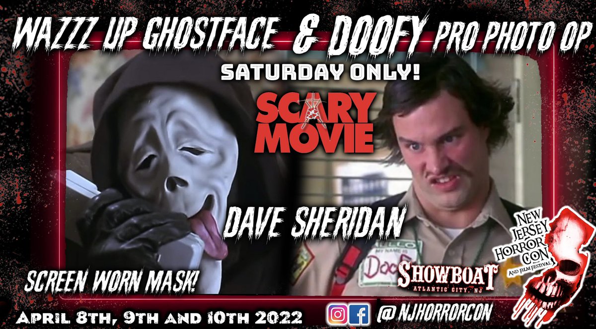 The Pro Photo ops have been updated! We added Dave Sheridan FIRST TIME EVER PRO PHOTO OP! 

The Wazzup Ghostface Pro op with the screen used mask! He will also being Doofy! These are both Saturday only!!

Pro Photo op direct link:
simpletix.com/e/pro-photo-op…

njhorrorcon.com