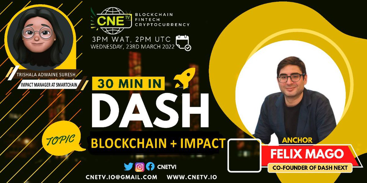 30 minutes in #Dash today with another episode hosted by @FelixMagoCrypto from Dash Next with special guest Trishala Adwaine Suresh. Tune in!
<a href="/FuterioCrypto/">Futerio</a>