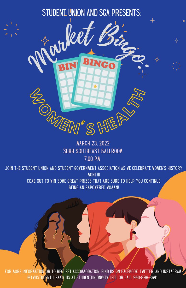 Join us Tonight at 7pm in the SUHH Southeast Ballroom for Bingo. We are celebrating Women’s History Month!. Come out to win some great prizes that are sure to help you continue being an empowered woman! #twusga #womanhealth