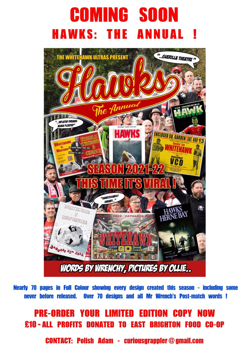 inmyroomcouk's tweet photo. Pre-order your copy of limited edition first ever Hawks Annual - every match poster and ultras design, and all Wrench’s post-match words from season 21-22!  70pages! #hawks #coyh #ultras #fun #whitehawkfc #footballposters https://t.co/ha8i0a7Cs6