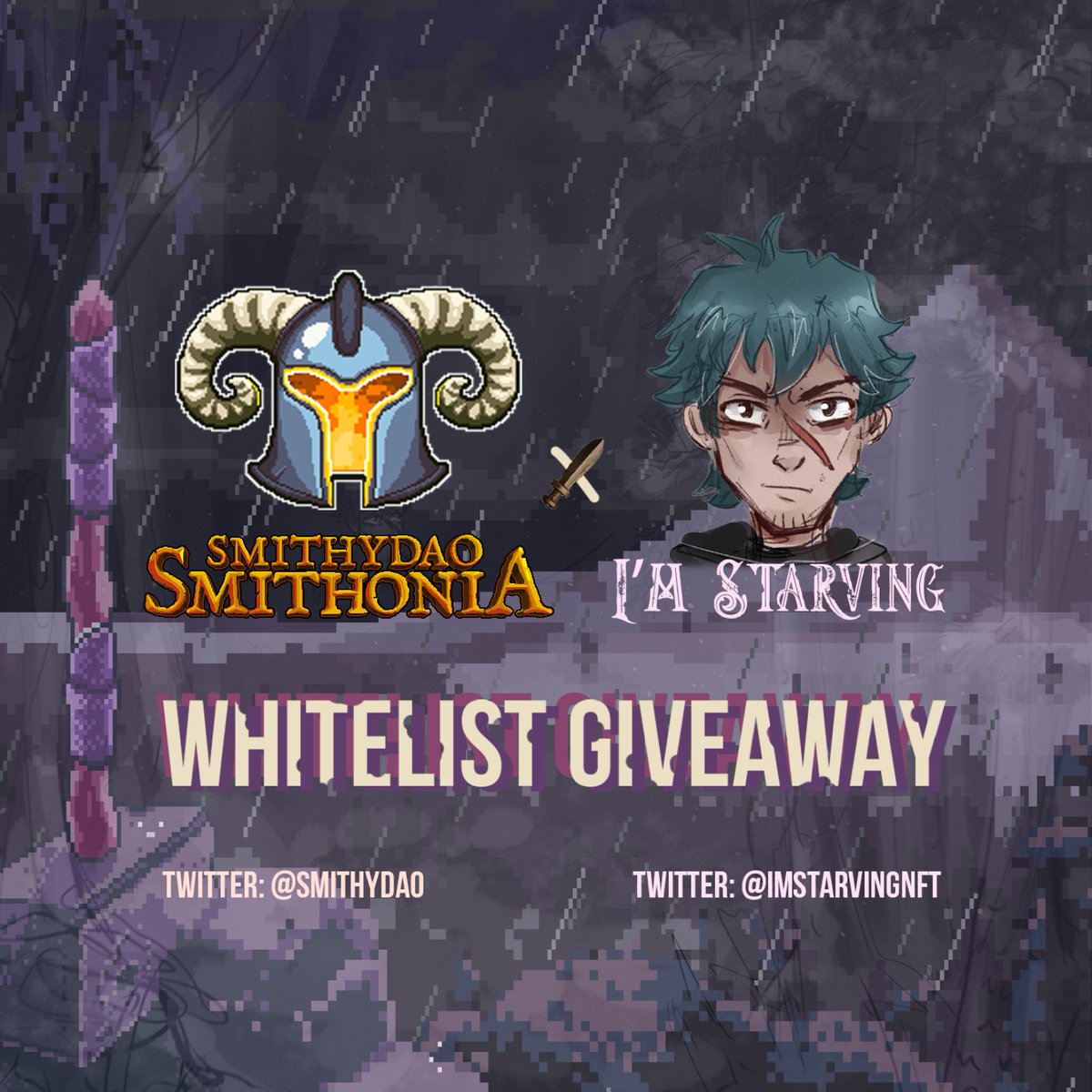 😋 COLLAB GIVEAWAY 😋

Our blacksmithers over at <a href="/SmithyDAO/">Smithonia</a> have offered us 20 whitelist spots to giveaway. 

 - Retweet and like 🔁❤️
 - Follow <a href="/ImStarvingNFT/">I'm Starving (🍜, 🍣)</a> &amp; <a href="/SmithyDAO/">Smithonia</a> 🐾
 - Join our discord at discord.gg/ImStarving

Winners will be announced in 24 hours, good luck!