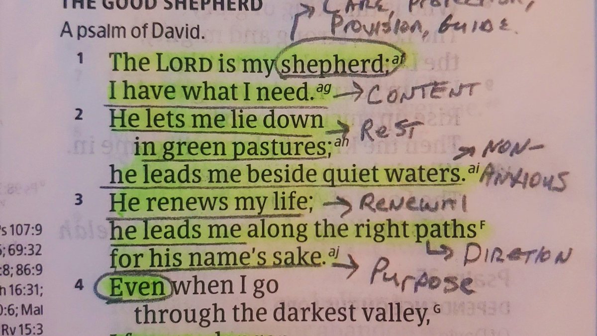 bradraby's tweet image. When the Lord is your shepherd, you have just what you need:
☑ Contentment
☑ Rest for the soul
☑ Non-anxious presence
☑ Renewal of heart
☑ Direction for life
☑ Purpose in life
* Even in the darkest valley.
#Selah