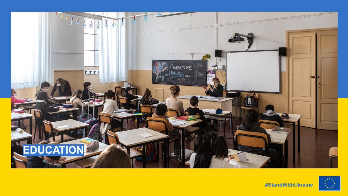 EU_Commission's tweet photo. 2️⃣ Education

Enabling children from Ukraine go back to school by:  

🔹 Financing support for schools, vocational education and training.  
🔹 Setting up an EU Education Solidarity group for Ukraine.  
🔹 Providing access to learning material in Ukrainian.  

#StandWithUkraine https://t.co/P0dWKawISt