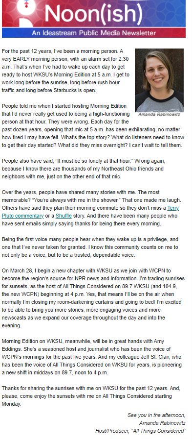 I shared some thoughts as I host my last day of <a href="/WKSU/">WKSU</a>'s Morning Edition tomorrow, and move to All Things Considered on Monday. Stay with us -- these are good changes!