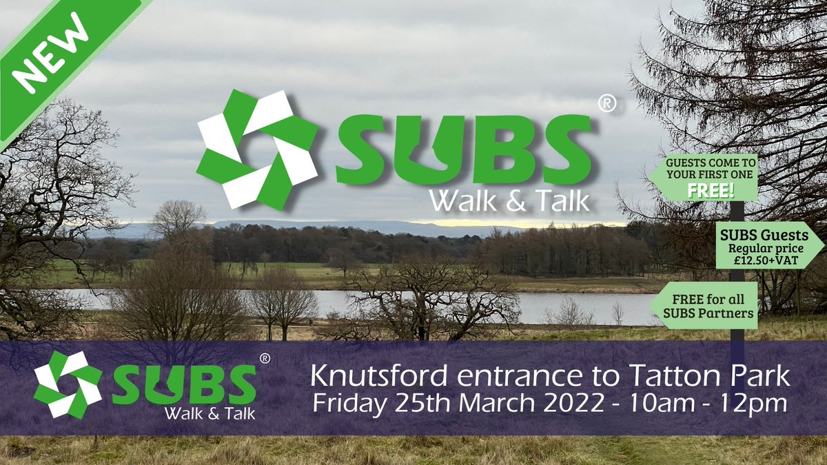 SUBS Walk &amp; Talk is a fun, relaxed and friendly networking outdoor event. This walk will be round Tatton Park, Knutsford.

Meeting point: Knutsford entrance to Tatton Park

See you this Friday at 10 am, ready to go!

#SUBS #Netwalking #Outdoors #Business #Events