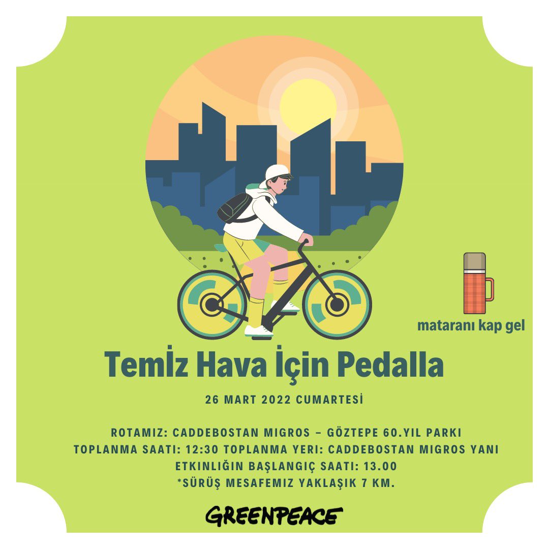 Greenpeace_IST's tweet photo. Temiz hava için pedallıyoruz🚲
Hava kirliliğine dikkat çekeceğimiz bu etkinliğimizde sizde alternatif bir ulaşım aracı olan bisikletlerinizi kapın gelin beraber bir farkındalık oluşturalım ✨

Katılım formu
https://t.co/kBVpVxlYkG

#bisikletturu #greenpeaceistanbul https://t.co/mBOOInFZYU