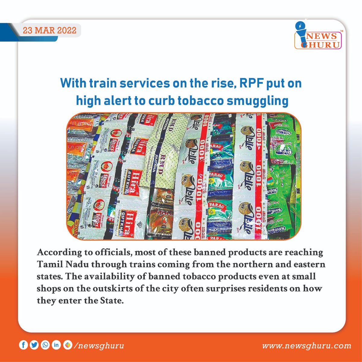 With train services on the rise, RPF put on high alert to curb tobacco smuggling

SOURCE:THE NEW INDIAN EXPRESS

#trainservices #rise #tobacco #tobaccosmuggling #northernstate #easternstate #bannedtobacco #indianews #newsghuru