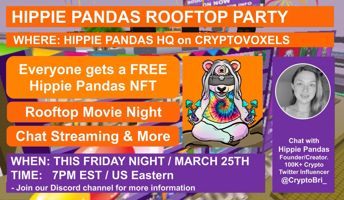 We're having a Party 🥳at Hippie Pandas HQ THIS FRIDAY NIGHT on <a href="/cryptovoxels/">Voxels</a> &amp; everyone's invited! 
🟧Everyone who joins the party will get a FREE <a href="/HippiePandasNFT/">Hippie Pandas</a> 🔥👀 so don't miss it! ✅
🟧cryptovoxels.com/play?coords=S@…
<a href="/cryptobri_/">Crypto Bri</a> #NFT #PolygonNFT #NFTCommunity #NFTGiveaways #NFTs