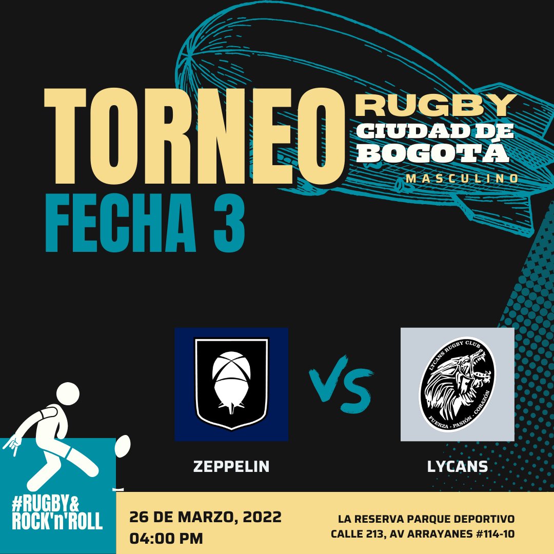 zeppelinrugby's tweet photo. Este sábado es la tercera fecha del Torneo de Rugby Ciudad de Bogotá.

A las 4 de la tarde, contra Lycans.

#somosZEPP #rugbyBogota https://t.co/LFwV7Cruox