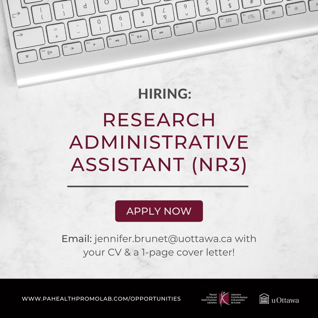 📢 HIRING: Research Administrative Assistant!

For more info, visit: pahealthpromolab.com/opportunities

Send your CV and 1-page cover letter to jennifer.brunet@uottawa.ca to apply!