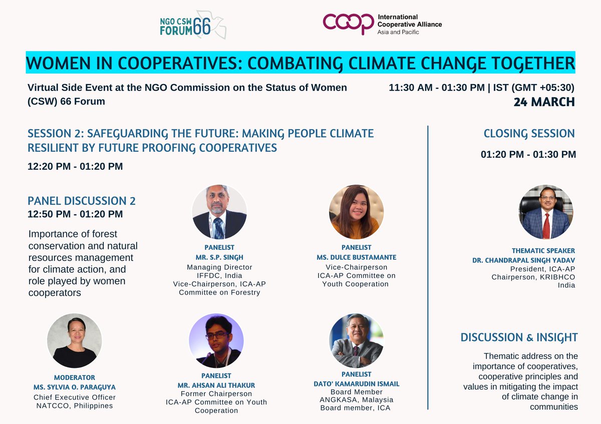 Join us to listen to <a href="/drcsinghyadav/">Dr. Chandra Pal Singh Yadav</a> <a href="/KRIBHCO_PR/">KRIBHCO</a> and this interesting panel of speakers from <a href="/naccfl/">NACCFL</a> 🇳🇵, #ESDC 🇵🇸, #SANASA 🇱🇰, <a href="/ANGKASACoop/">ANGKASA</a> 🇲🇾<a href="/IFFDC_Ltd/">IFFDC Ltd.</a> 🇮🇳 &amp; <a href="/icaap_youth/">ICA AP Committee on Youth Co-operation</a>.

#CSW66 #NGOCSW66 #ClimateCrisis #ClimateAction #genderequity