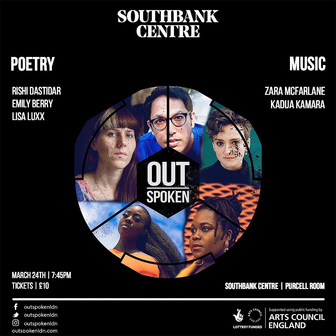 This Thurs 24th Mar, I will be playing a small set with full band at <a href="/OutSpokenLDN/">Out-Spoken</a> at <a href="/southbankcentre/">Southbank Centre</a> Purcell Room!

A night of Poetry &amp; LIVE Music. Other greats inc: Rishi Dastidar, Lisa Luxx, Emily Berry &amp; <a href="/zaramcfarlane/">Zara McFarlane</a> !

Doors 7:45pm
Tickets £10: southbankcentre.co.uk/whats-on/liter…