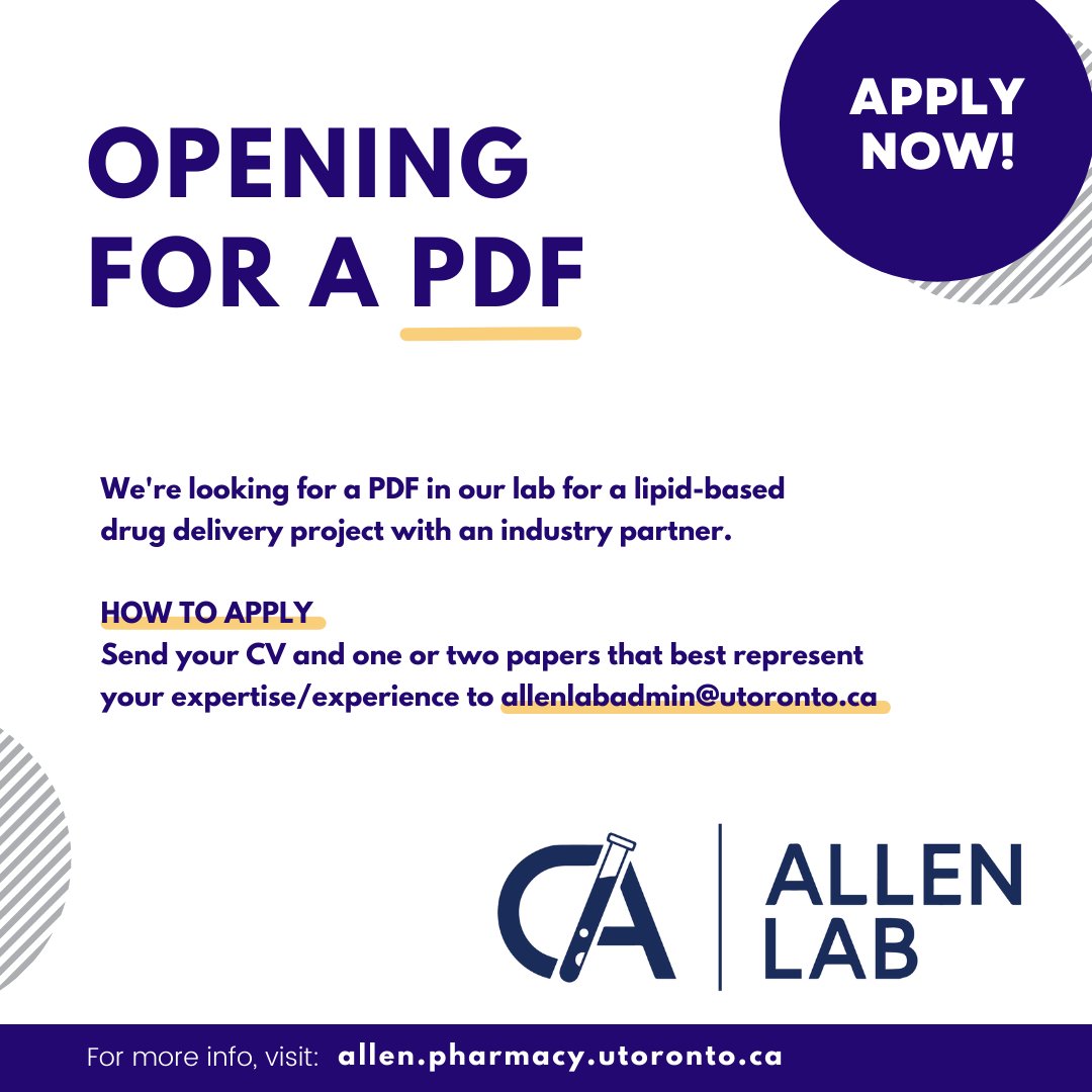 Dr. Christine Allen 🇨🇦 (@christineallenw) on Twitter photo We're hiring a PDF at the Allen Lab for a lipid-based drug delivery project with an industry partner. Send your CV & a paper or 2 that best represent your expertise/experience to allenlabadmin@utoronto.ca. Please RT! #nanomedicine <a href="/NMIN_NCE/">NanoMedicines Innovation Network</a> <a href="/CRS_YSC/">Young Scientist Committee YSC-CRS</a> <a href="/CRS_FG_NANO/">CRS NANO</a> <a href="/CRS_FG_Oral/">CRS Oral Delivery Focus Group</a> We're hiring a PDF at the Allen Lab for a lipid-based drug delivery project with an industry partner. Send your CV & a paper or 2 that best represent your expertise/experience to allenlabadmin@utoronto.ca. Please RT! #nanomedicine <a href="/NMIN_NCE/">NanoMedicines Innovation Network</a> <a href="/CRS_YSC/">Young Scientist Committee YSC-CRS</a> <a href="/CRS_FG_NANO/">CRS NANO</a> <a href="/CRS_FG_Oral/">CRS Oral Delivery Focus Group</a>