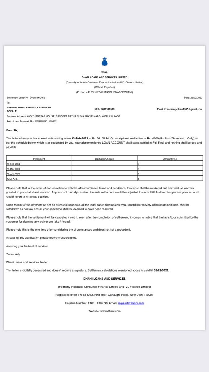 I had done the settlement for my @dhanicares dhani personal loan 23/02/2022 and have been in followup for the NOC and loan statement still I am not getting it.
<a href="/RMASindia/">RMAS Foundation #MIDDLE_CLASS (Mission 21K )</a> <a href="/RBI/">ReserveBankOfIndia</a> <a href="/nsitharaman/">Nirmala Sitharaman</a> <a href="/VISHALT12039545/">VISHAL TIWARI</a> <a href="/LCAI_Support/">Loan Consumers Association</a>