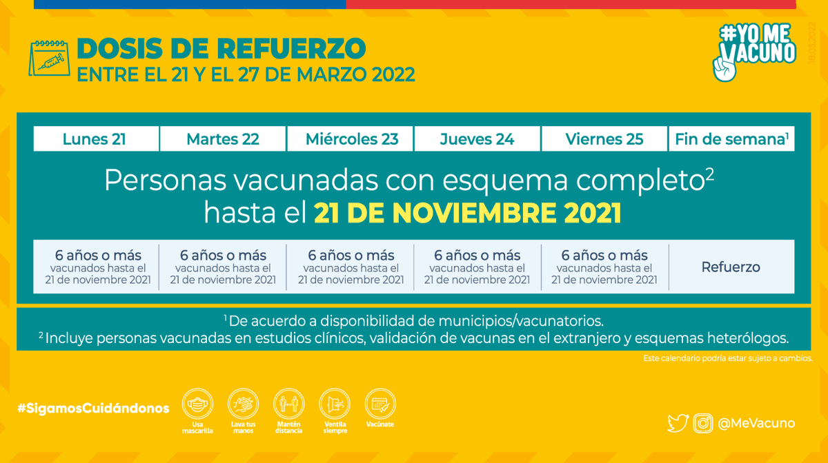 MeVacuno's tweet photo. 📅 La semana entre el 21 y el 27 de marzo continúa la vacunación de #DosisDeRefuerzo para las personas con esquema inicial completo hasta el 21 de noviembre
🔹Personas de 6 años o más 

📲 Más info 👉 https://t.co/TNQZ1bw9Ge
#YoMeVacuno ✌ https://t.co/2wWaVLSwai