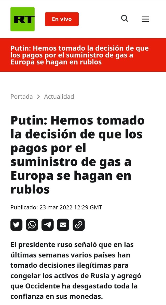 LuisCastroTV's tweet image. #URGENTE Presidente de Rusia, Vladimir Putin, anuncia que su país aceptará sólo RUBLOS como moneda de pago para el suministro de gas a Europa.