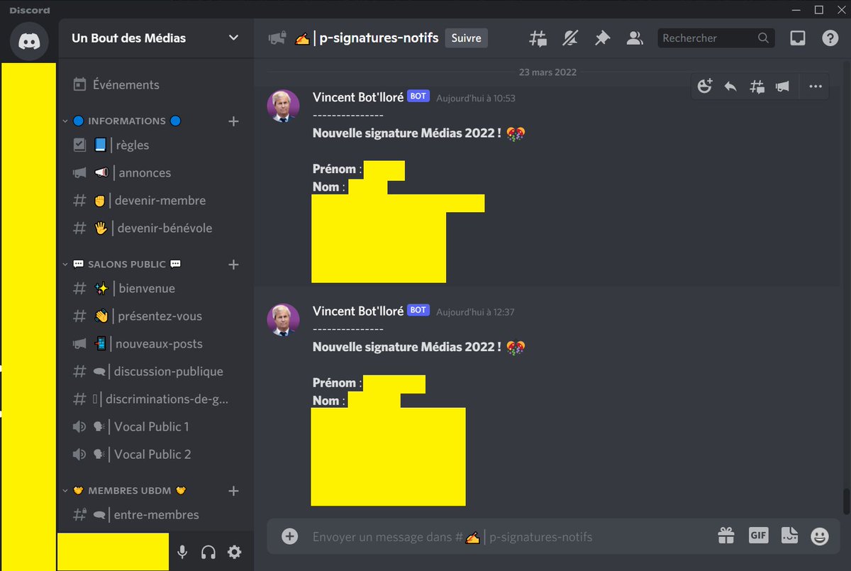 lekarsky's tweet photo. Un des trucs les plus funs que j'ai imaginé en m'occupant de la campagne #Médias2022 pour @unboutdesmedias c'est le petit robot Vincent Bot'lloré qui informe l'équipe plaidoyer des nouvelles signatures sur notre canal Discord 🔔 https://t.co/GaQlgWNEtI