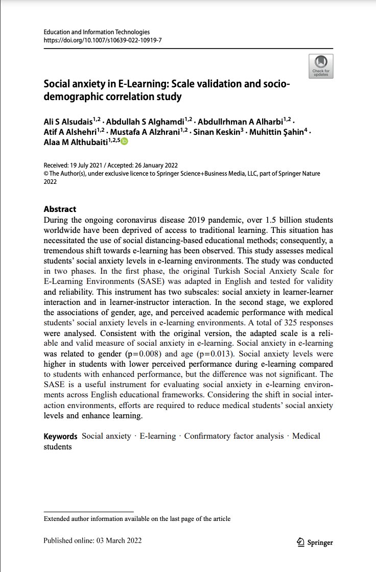 🌟نهنئ طلاب كلية الطب “علي السديس، عبدالله الغامدي، عبدالرحمن الحربي، عاطف الشهري، مصطفى الزهراني”على نشر بحث علمي بإشراف الدكتورة الاء الثبيتي. نبارك للجميع هذا الانجاز مع تمنياتنا لهم بدوام التوفيق 💐

Congratulations and continue the good work🤩👏🏼
🔻
 pubmed.ncbi.nlm.nih.gov/35261548/