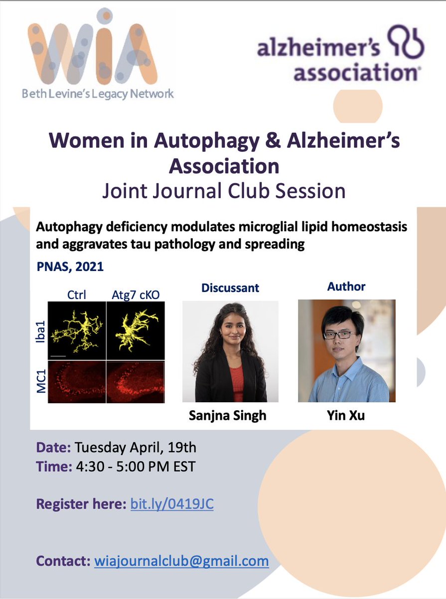 Women in Autophagy (@wautophagy) on Twitter photo Join us for our next Alzheimer's Association and WIA Journal Club joint session on Tuesday April, 19th 4:30 - 5:00 PM EST (US and Canada). Register at bit.ly/0419JC #WomenInScience #WomenInSTEM <a href="/alzassociation/">Alzheimer's Association</a> <a href="/SanjyySingh/">Sanjna Singh</a> Join us for our next Alzheimer's Association and WIA Journal Club joint session on Tuesday April, 19th 4:30 - 5:00 PM EST (US and Canada). Register at bit.ly/0419JC #WomenInScience #WomenInSTEM <a href="/alzassociation/">Alzheimer's Association</a> <a href="/SanjyySingh/">Sanjna Singh</a>