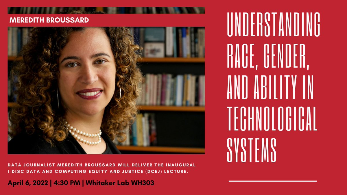 LehighDISC's tweet image. April 6 WH303 4:30pm. Join Meredith Broussard @merbroussard, a #data scientist who has worked in #journalism and #software development, to explore how #technologies designed to boost convenience are also prone to perpetuating #bias. Registration required bit.ly/3CRwcxI