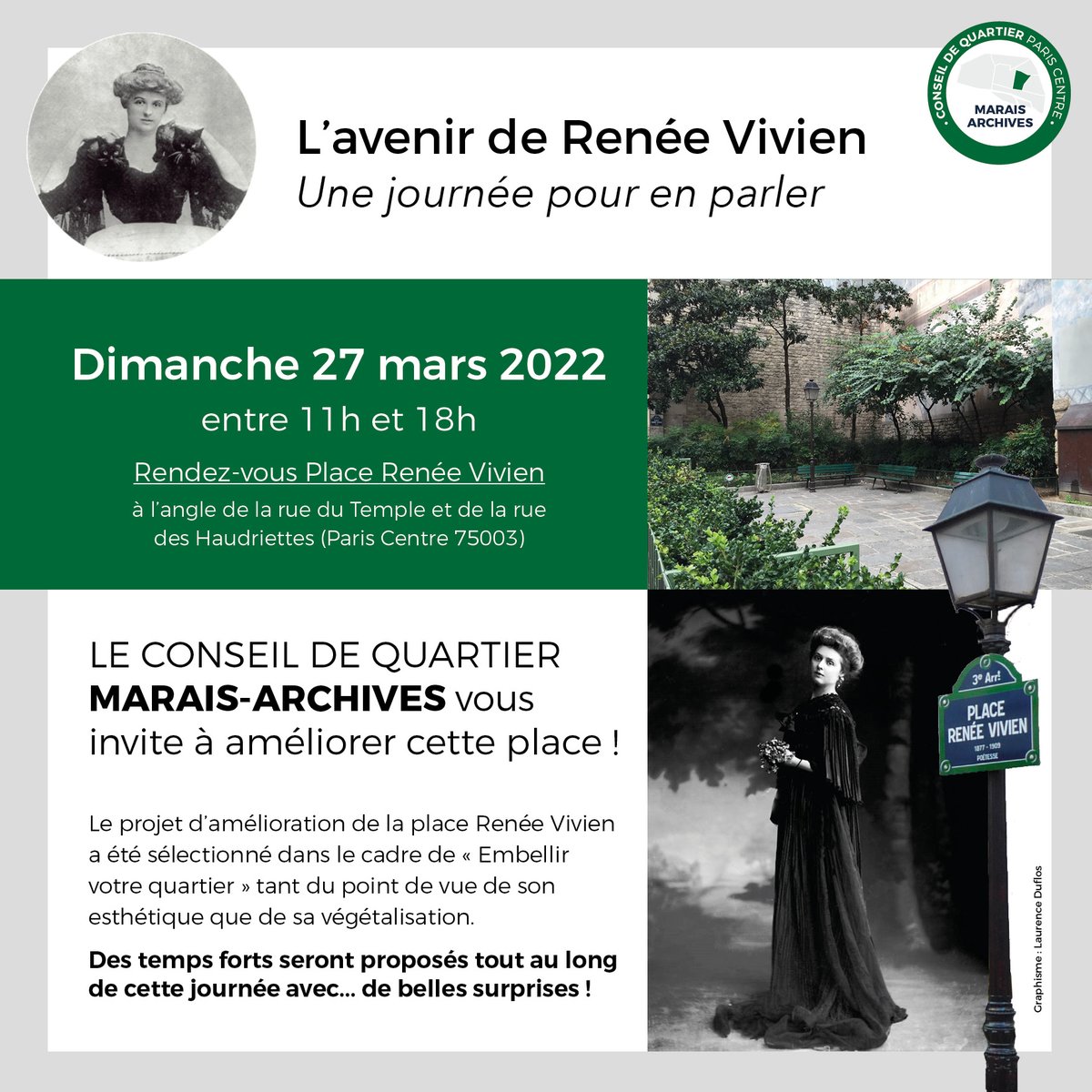LE CONSEIL DE QUARTIER MARAIS-ARCHIVES vous invite à améliorer cette place !
Rendez-vous dimanche 27 mars 2022 entre 11h et 18h
Des temps forts vous seront proposés tout au long de cette journée avec de belles surprises !