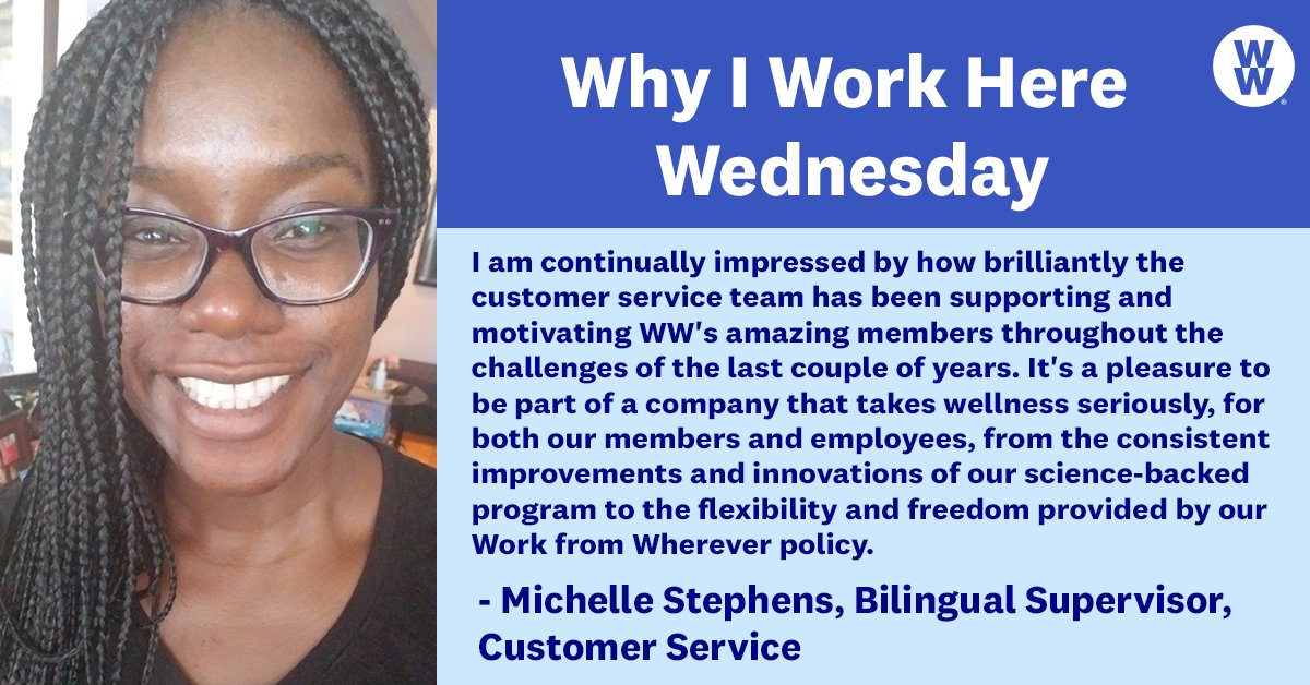 ww_us's tweet photo. For today’s #WIWHW, we’re featuring our Bilingual Supervisor in Customer Service, Michelle Stephens! Learn more about why Michelle joined WW and stay tuned for more incredible women on the #WWTeam. #WomensHistoryMonth https://t.co/tFdsEdLcby