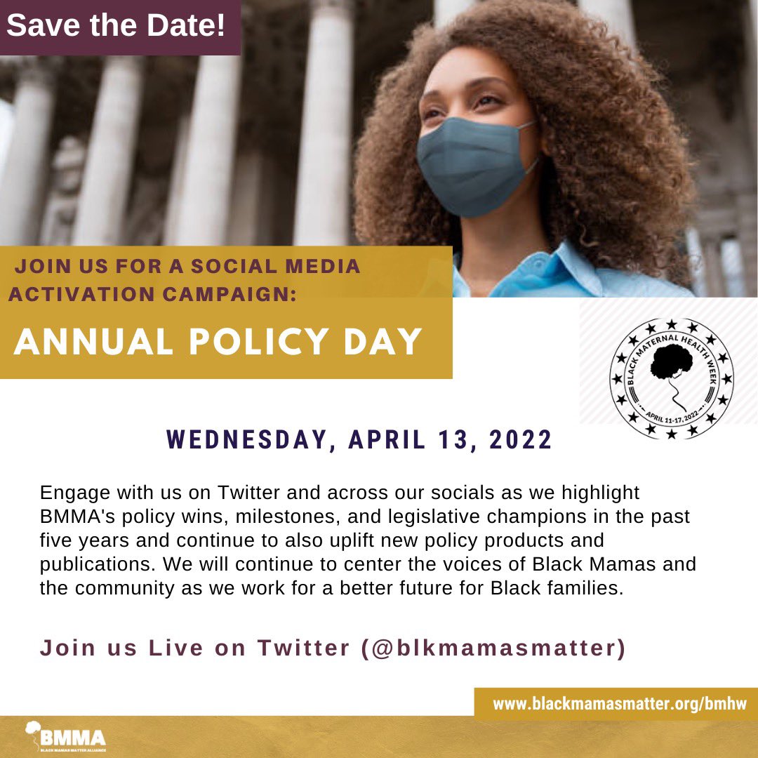 Black Maternal Health Week is a week of awareness, activism, and community building designed to advance the national dialogue about Black Maternal Health in the US. 

Get ready to join the conversation by signing up to our newsletter at blackmamasmatter.org/connect

#BMHW22