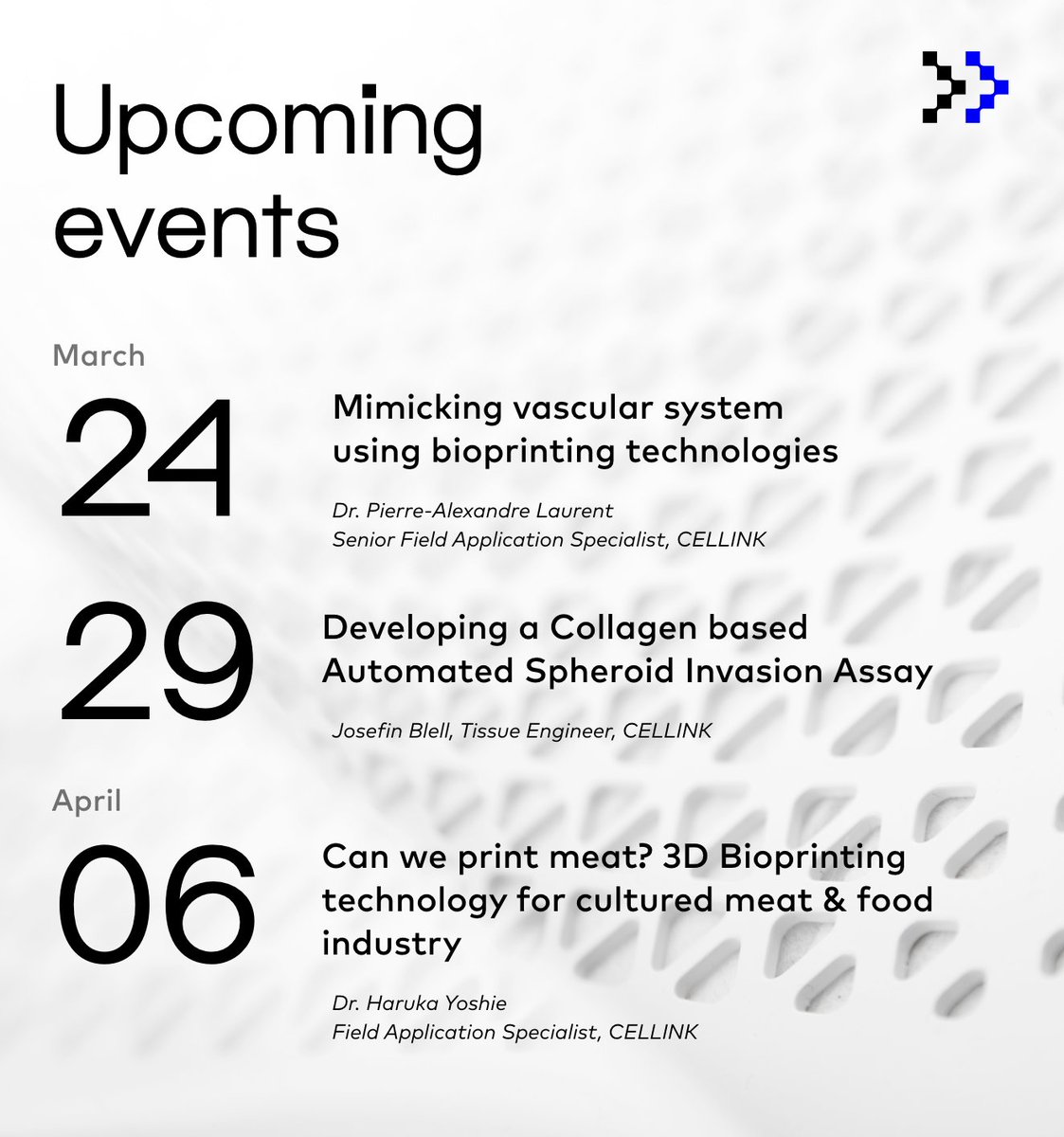CELLINK3D's tweet image. Save your spot for 3 exciting webinars!

24 March, register here:
go.pardot.com/l/894101/2022-…

29 March, register here: go.pardot.com/l/894101/2022-…

6 April, register here: go.pardot.com/l/894101/2022-…

#bioprinting #3Dprinting #vascularization #tissueengineering  #foodprinting @3dheals