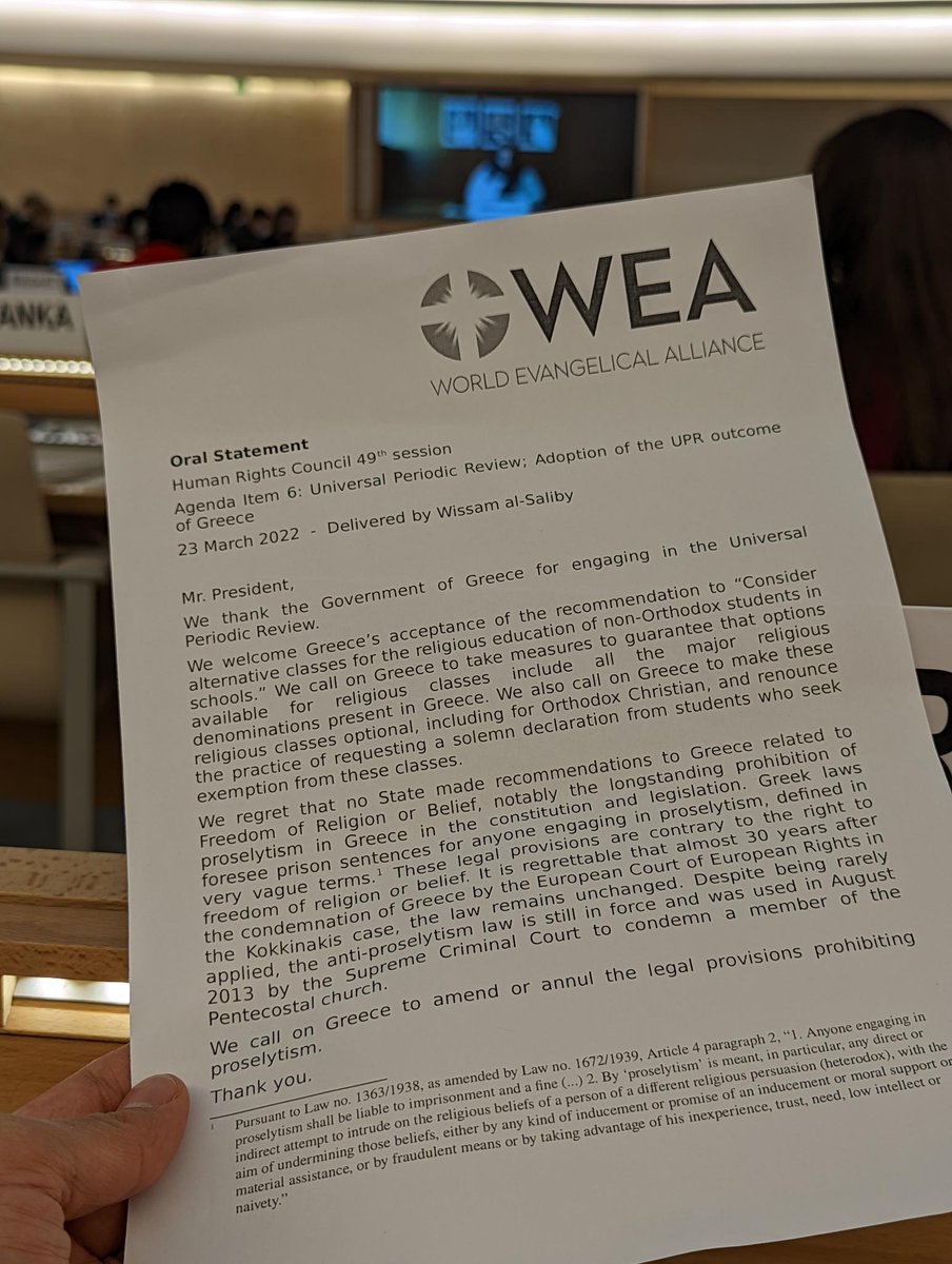 walsaliby's tweet photo. It was good to be back in the #HumanRightsCouncil room XX today, at the Palais des Nations in #Geneva, to read a @WEA_UN statement calling on #Greece to amend or annul the legal provisions prohibiting proselytism. #HRC49 #UPRoutcome https://t.co/36o0zxWCzt