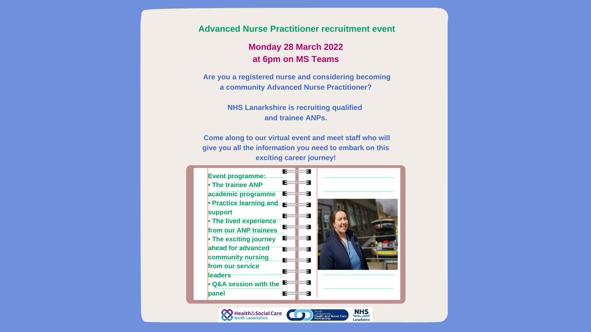 NHS Lanarkshire (@nhslanarkshire) on Twitter photo Are you thinking of taking the next step in your nursing career and becoming an advanced nurse practitioner?
We're hosting an online recruitment event on 28 March on MS Teams.
To book a place email Allison.McAndrew@lanarkshire.scot.nhs.uk
Job advert at apply.jobs.scot.nhs.uk/displayjob.asp… Are you thinking of taking the next step in your nursing career and becoming an advanced nurse practitioner?
We're hosting an online recruitment event on 28 March on MS Teams.
To book a place email Allison.McAndrew@lanarkshire.scot.nhs.uk
Job advert at apply.jobs.scot.nhs.uk/displayjob.asp…