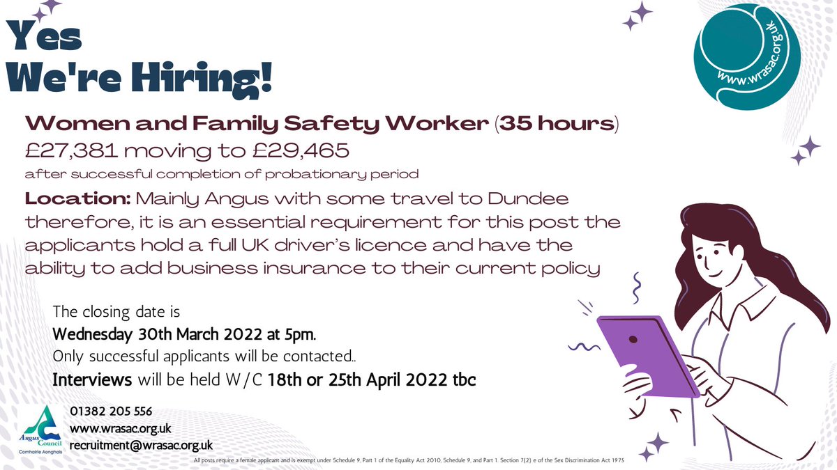 WRASAC's tweet photo. π£We're hiring!
Women's and Family Safety Worker
The closing date is Wednesday 30th March 2022 at 5pm
Interviews will be held w/c 18th or 25th April 2022 tbc
Apply β‘οΈ https://t.co/Nk9m5LcPjD
#WRASAC22 #Dundee #Angus #VAWG
@DundeeCouncil
@AngusCouncil
ππ€π https://t.co/K6S1Q9wPwK