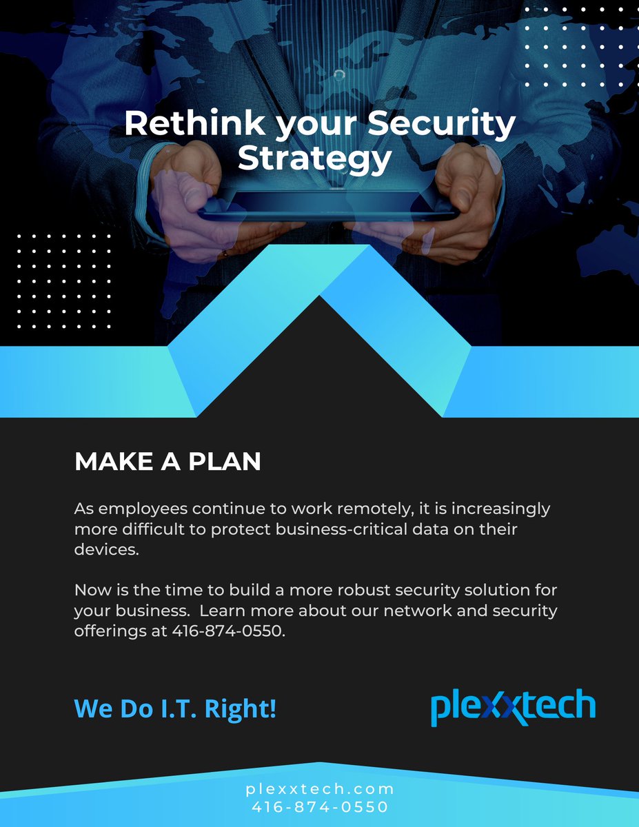 PlexxtechS's tweet photo. As employees continue to #workremotely, it is more difficult to protect business-critical #data on their devices.  Now is the time to build a more robust #security solution for your #business.  Learn more about our network and security offerings at 416-874-0550. https://t.co/tU4xU8v3oC