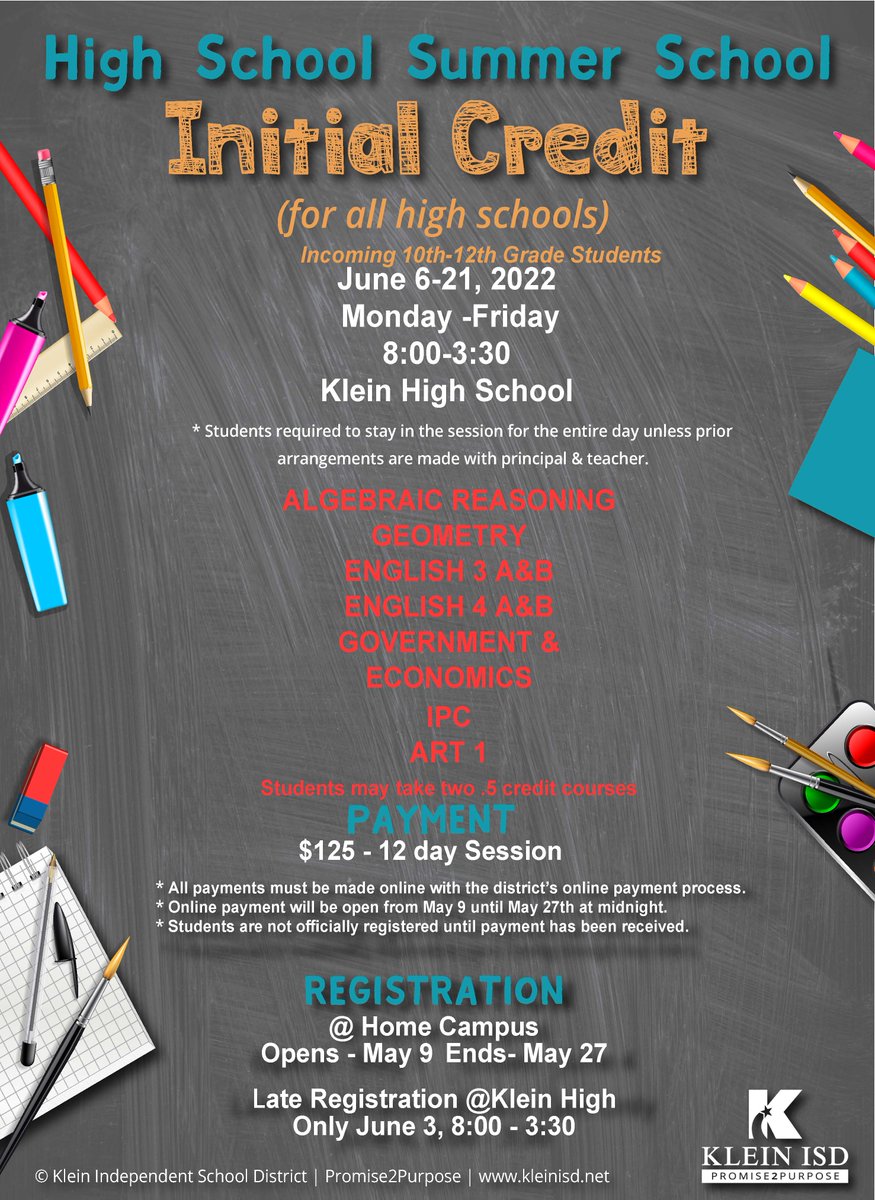 Attention Hurricanes! If you have been waiting for information on Initial Credit Summer School, please see the flyer attached. <a href="/KleinCain/">Klein Cain HS</a> <a href="/Klein_Cain_PTO/">Klein Cain PTO</a>