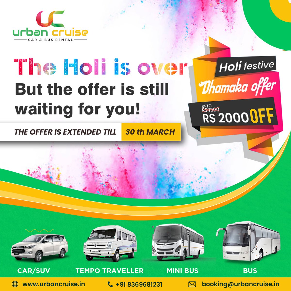 UrbanCruiseIn's tweet photo. HOLI EXTENDED OFFER NOW!
#tempo_traveller #local_sightseeing #cabservice #taxiservice #tempotravellerbooking #carhire #outstationtour #trip #travel_with_us #enjoy_each_and_every_trip_second_of_your_trip  
#time_2_travel #nature #book https://t.co/qWAf84lSwn