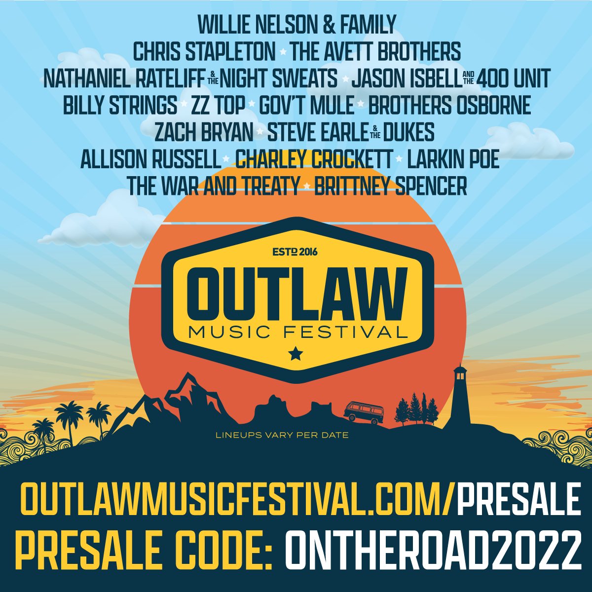 Presale today 10AM outlawmusicfestival.com/presale code ONTHEROAD2022 @willienelson @chrisstapleton <a href="/theavettbros/">The Avett Brothers</a> <a href="/jasonisbell/">jason's old account</a> @nrateliff @billystrings @zztop <a href="/govtmuleband/">Gov't Mule</a> <a href="/brothersosborne/">Brothers Osborne</a> <a href="/zachlanebryan/">Zach Bryan</a> @steveearle <a href="/outsidechild13/">Allison Russell</a> @charleycrockett @larkinpoe <a href="/warandtreaty/">The War And Treaty</a> @brittnicx