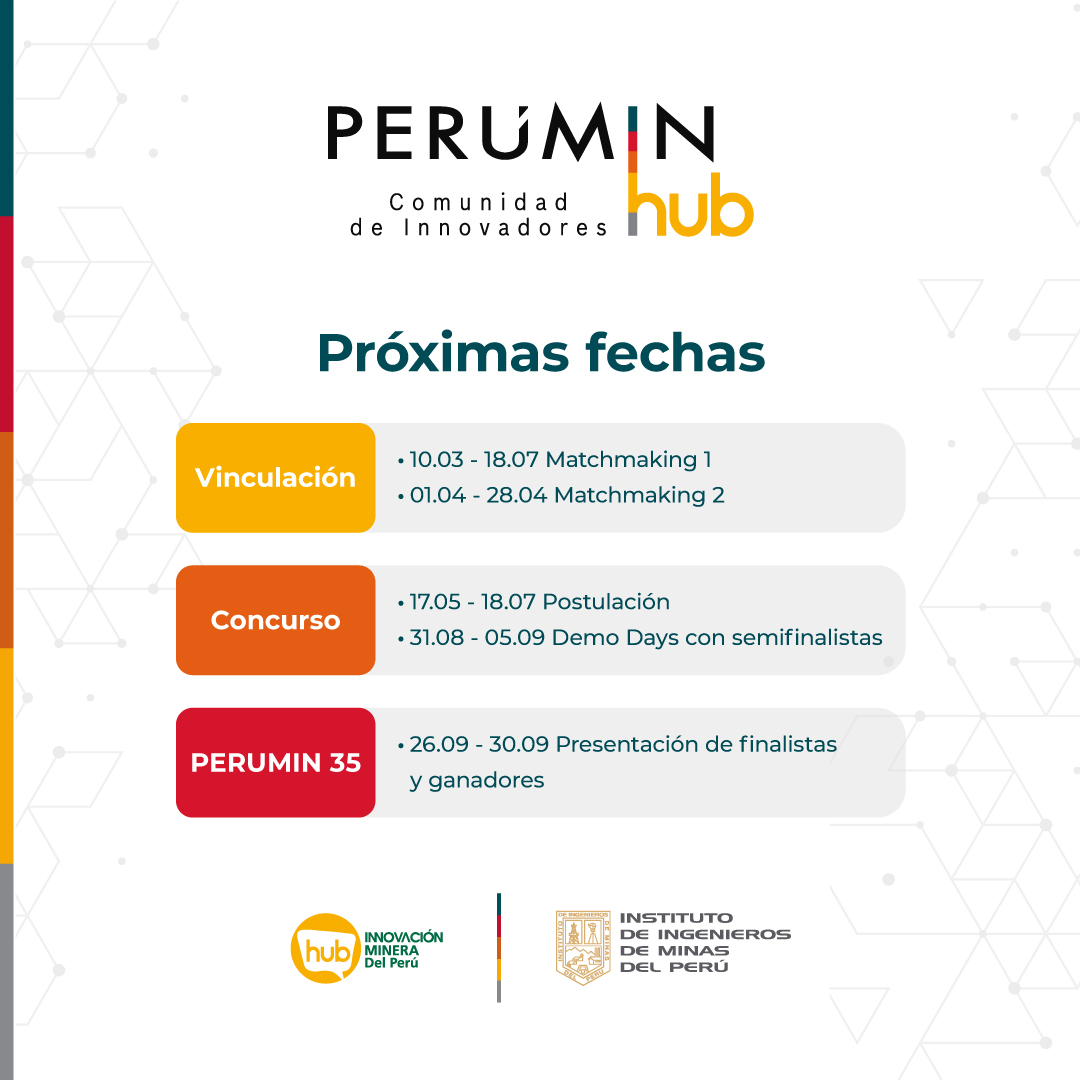 Desde la RED IDi, les compartimos las siguientes fechas de nuestro programa aliado #PERUMINHub, organizado por el Instituto de Ingenieros de Minas del Perú - IIMP y el Hub de Innovación Minera del Perú.
Puedes conectar tu propuesta de solución ingresando a bit.ly/peruminhub-mm1