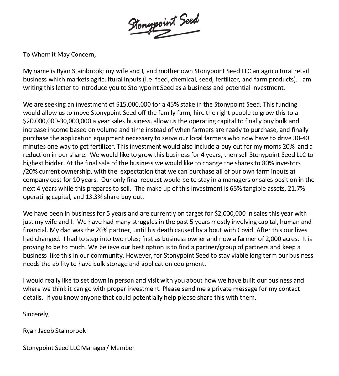 Stonypointfarms's tweet image. After loosing my dad, we decided to reorganize our business.  If you know anyone that would be a good partner in helping us move to our next phase in life please let us know. #farminvestors #aginvestors #investment #investing #entrepreneurship #hope #familyfarm