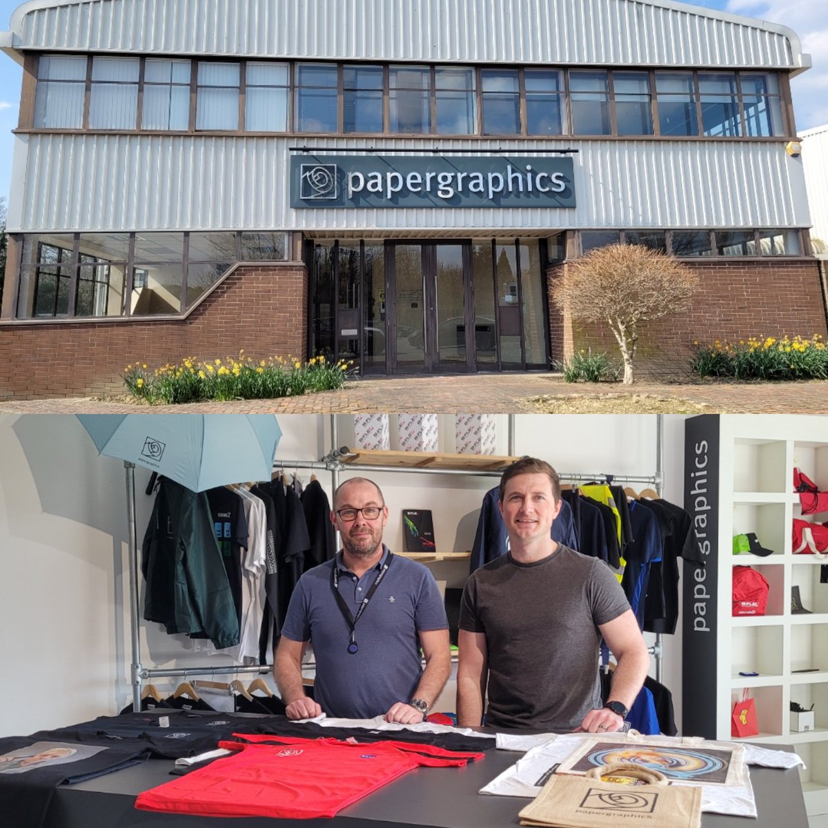 PrintwearP's tweet photo. The P&amp;P team had the pleasure of visiting Alistair and Marcus at @PapergraphicsUK this morning and learning all about the company's move into the garment decoration market with B-Flex Italia and @Secabo. Find out more in our upcoming May issue 👍 https://t.co/HDFSikoUhQ
