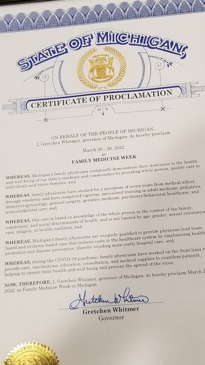 MIFamilyDocs's tweet photo. Thank you @GovWhitmer for proclaiming March 20-26 as Family Medicine Week in Michigan! #MiFMW #FamilyMedicine #primarycare #prevention #accesstocare https://t.co/6TwB0pvFJQ