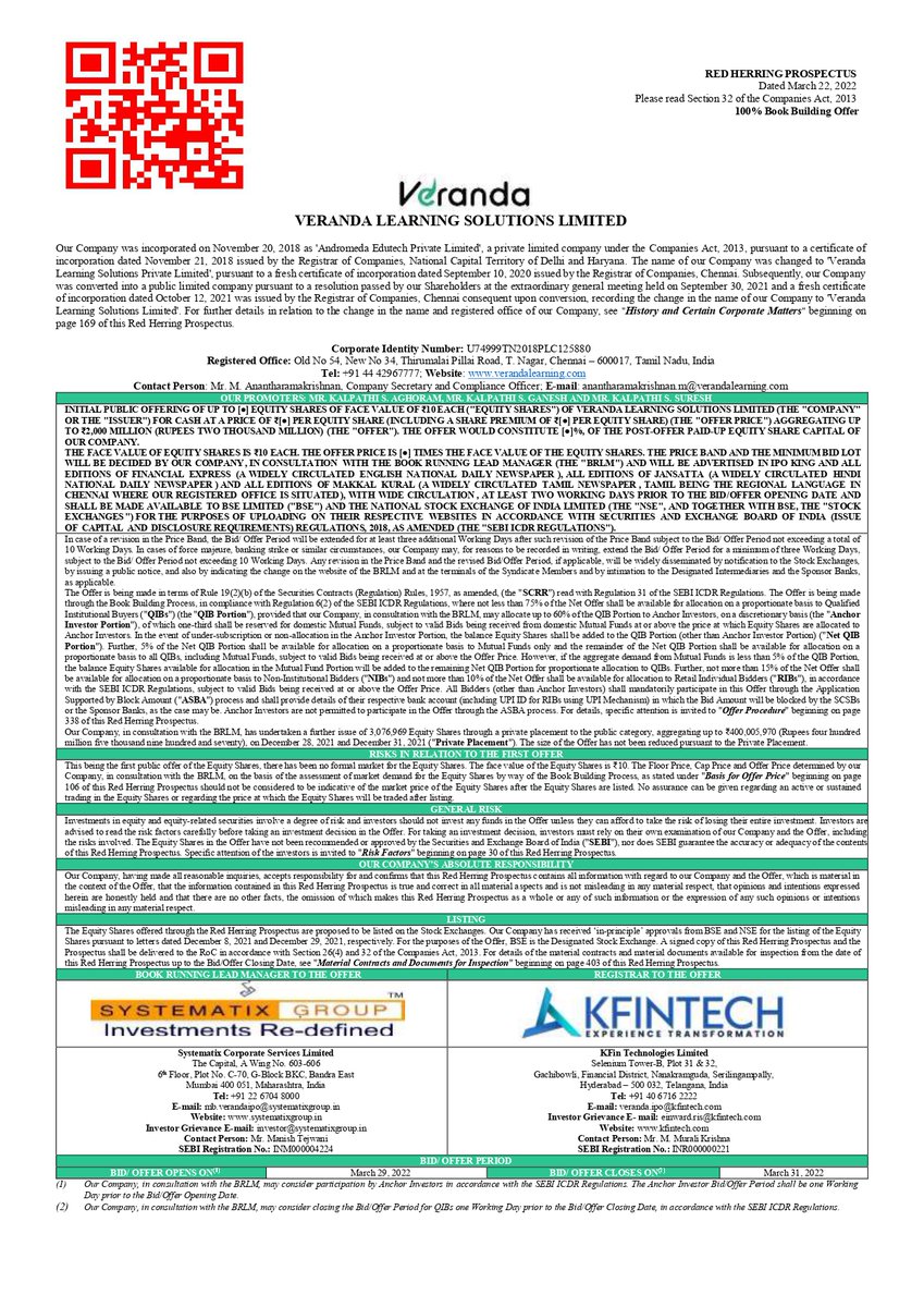 ipo_in's tweet photo. 🚨BREAKING News🚨
Veranda Learning Solutions Limited file RHP with SEBI on 22-Mar-2022
Issue Date : 29 to 31-Mar, 2022
Fresh : ₹200 Cr
Retail : 10%
FV : ₹10
#IPO #IPOAlert #IPOKing #IPOTracker #VerandaLearningIPO https://t.co/CLIiDH1Z32