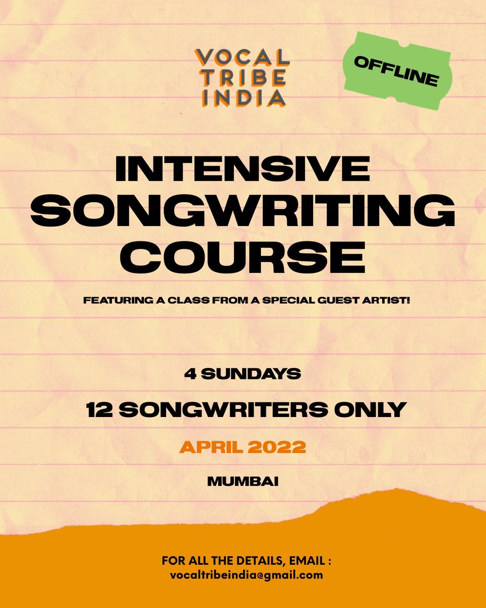 4 Sundays, 3 hours each, I get to teach an entire songwriting course to 12 students, OFFLINE, face to face, together in a studio! Plus there’s an amazing singer songwriter coming to teach the finale class! Sign up here : vocaltribeindia@gmail.com