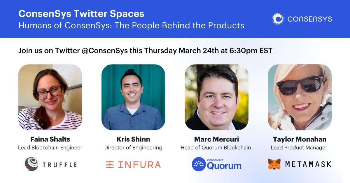 🔊Join us tomorrow for a chat with: 
<a href="/tayvano_/">Tay 💖</a> from <a href="/MetaMask/">MetaMask 🦊</a> 
<a href="/raggamuffin_rox/">Kris Shinn</a>  from <a href="/infura_io/">Infura</a>
<a href="/bitsplaining/">Bitsplaining</a> from <a href="/trufflesuite/">Truffle</a>
<a href="/marcmercuri/">Marc Mercuri</a> from @ConsenSysQuorum

⏲️Set reminder here: mobile.twitter.com/i/spaces/1vAxR…