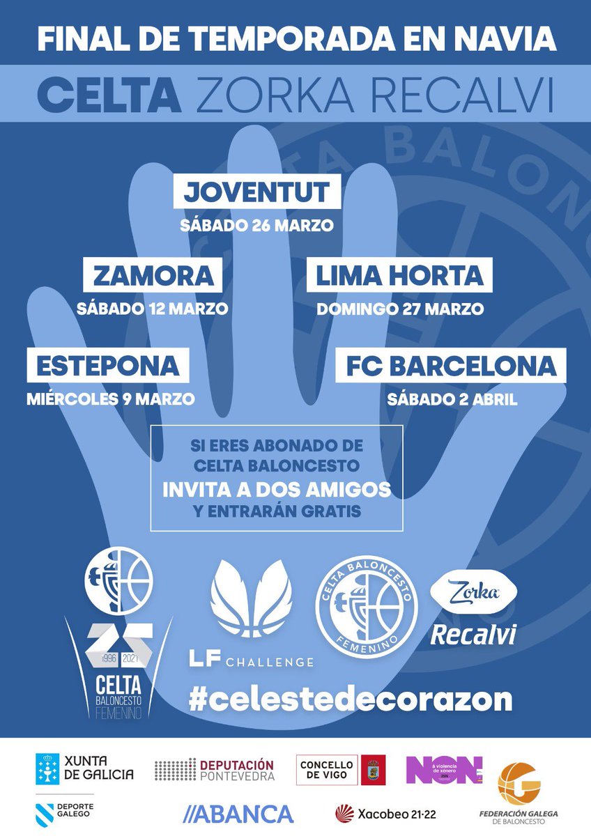CELTA BALONCESTO (@celtabaloncesto) on Twitter photo 💢 Llevamos nuestra
R E C O N Q U I S T A a Navia
⚔️💙Doble cita para nuestro equipo. Os esperamos‼️
💠 Sábado 26, 19:00 horas
🆚 <a href="/Penya1930/">Club Joventut Badalona</a>
💠 Domingo 27, 19:30 horas
🆚 <a href="/LimaHortaBasket/">Lima Horta Bàsquet</a>
#LFChallenge
#celestedecorazon 💢 Llevamos nuestra
R E C O N Q U I S T A a Navia
⚔️💙Doble cita para nuestro equipo. Os esperamos‼️
💠 Sábado 26, 19:00 horas
🆚 <a href="/Penya1930/">Club Joventut Badalona</a>
💠 Domingo 27, 19:30 horas
🆚 <a href="/LimaHortaBasket/">Lima Horta Bàsquet</a>
#LFChallenge
#celestedecorazon