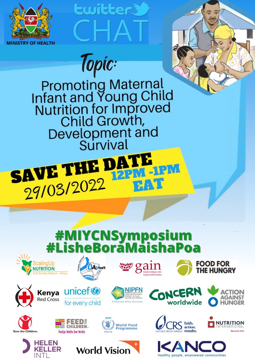 📌Save the date, March 29 at 12p.m-1p.m EAT.     
Join the conversation on Promoting Maternal Infant and Young Child Nutrition for Improved Child Growth, Development, and Survival.
See you then!!!!
#MYCNSymposium
#LisheBoraMaishaPoa
<a href="/MOH_Kenya/">Ministry of Health</a> 
<a href="/UNICEFKenya/">UNICEF Kenya</a>
<a href="/MyVoteKenya47/">MyVoteKenya</a>