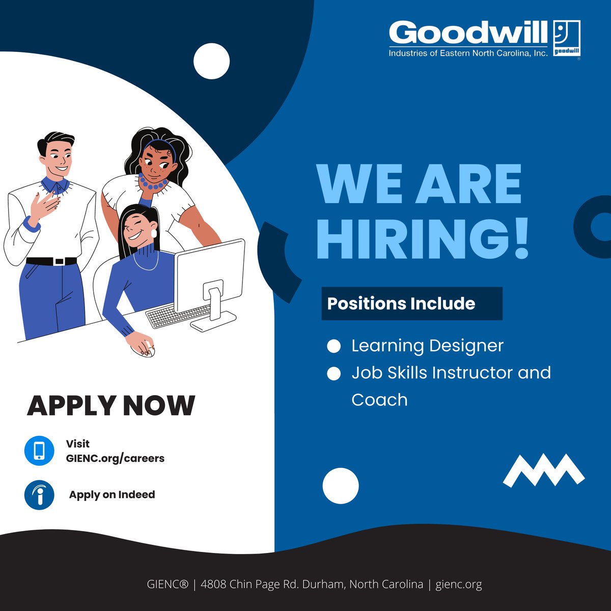 GoodwillENC's tweet image. We're hiring a Learning Designer and a Job Skills Instructor &amp;amp; Coach! Click the links below to apply!
Learning Designer: tinyurl.com/32vzxdem
Job Skills Instructor &amp;amp; Coach: tinyurl.com/2p9abw8e