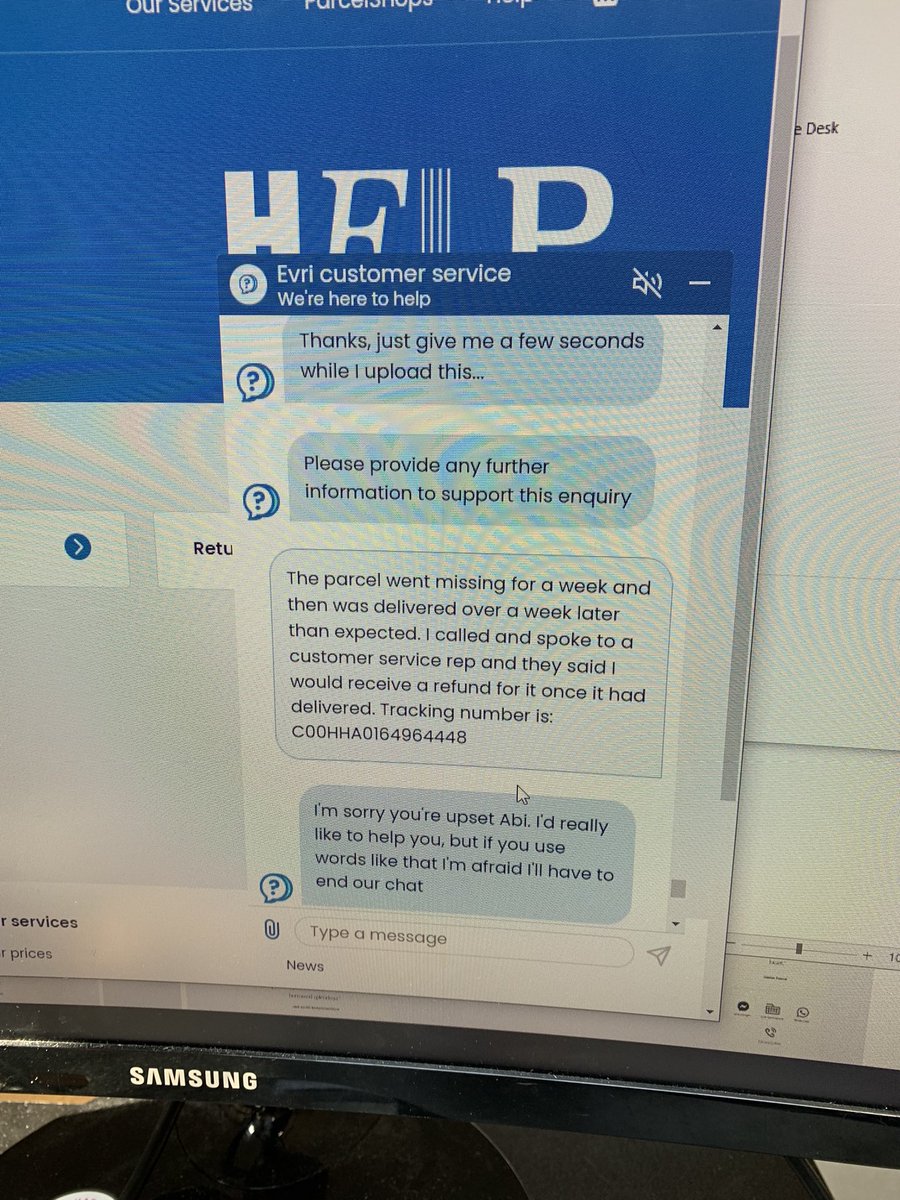 abiemmerson's tweet photo. @Hermesparcels pulling my hair out with reaching customer service. parcel was delivered late, was told I would receive a refund for the costs. Trying to get through by phone or chat, but a glitch in the chat keeps saying I’m being abusive when I provide my email or further info https://t.co/tMQMHT0d8J