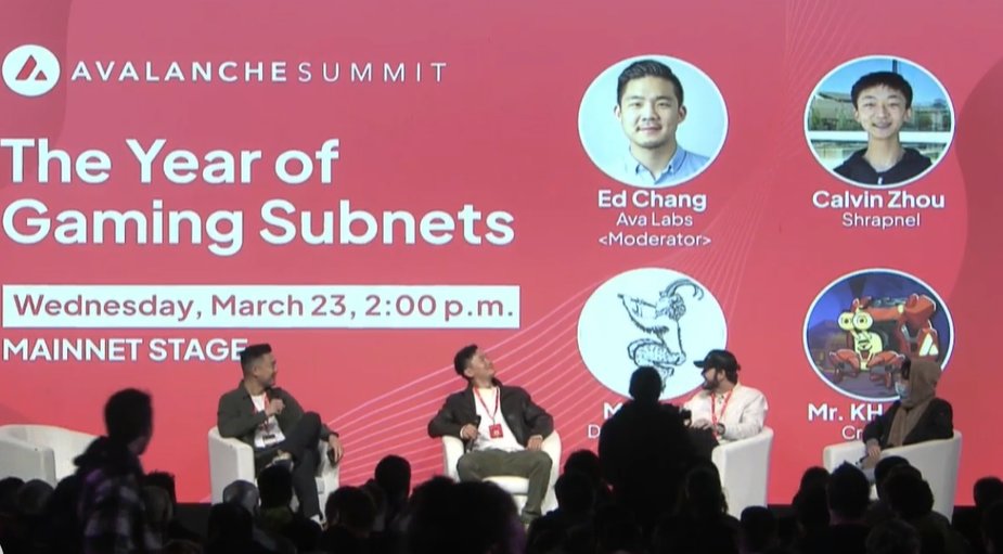 Gaming Subnets, one of the talks that made bullish on @avalancheavax 🔺: 
flexibility, customization, scalability available for Avax GameFi projects. 
<a href="/playSHRAPNEL/">SHRAPNEL</a>, <a href="/DefiKingdoms/">DeFi Kingdoms 🔺🌿</a> &amp; <a href="/PlayCrabada/">Crabada (🦀,🦀) 🔺</a>: 
who is the next Game going on a subnet?

$JEWEL $CRA $AVAX #AvalancheSummit